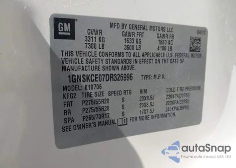 2013 Chevrolet Tahoe Ltz z USA, uszkodzony, nr VIN 1GNSKCE07DR326996